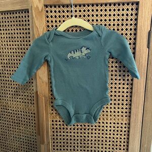 0-3M Long-Sleeve Teal Green Baby One-Piece with Dinosaur Embroidery